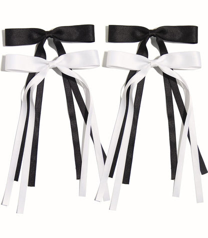 Tassel Ribbon Bowknot Hair Clips for Women - 4Pcs Barrettes with Long Tail, Solid Accessories for Girls, Claw Clips with Bow in Black and White