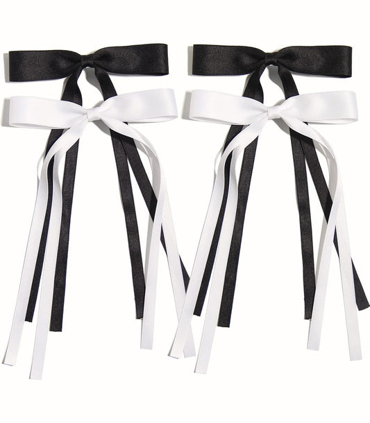 Tassel Ribbon Bowknot Hair Clips for Women - 4Pcs Barrettes with Long Tail, Solid Accessories for Girls, Claw Clips with Bow in Black and White