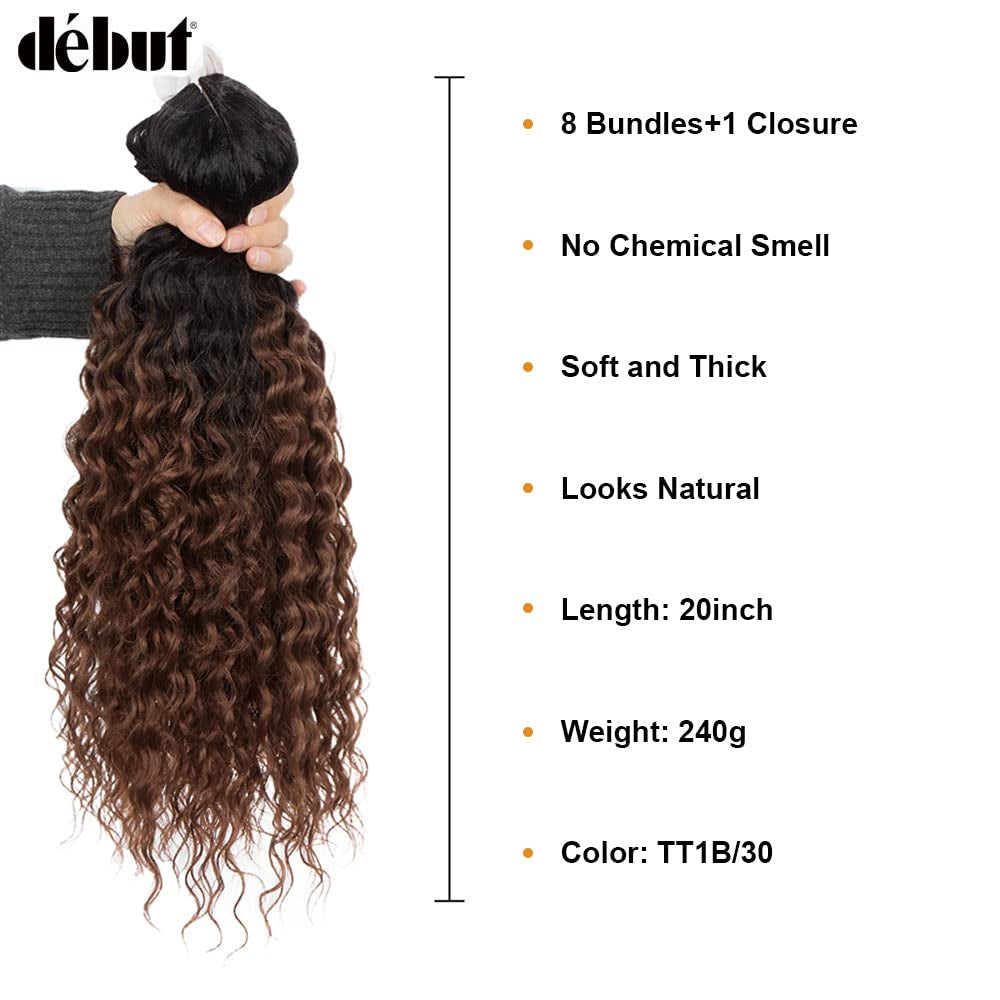 Water Wave 8 Bundles with Simple Closure Wavy Synthetic High Temperature Fiber Hair Weave 9PCS 20 Inch 240G (TT1B/30: Dark Roots Mixed Brown Color)