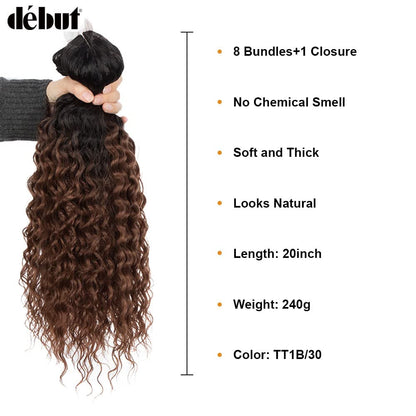 Water Wave 8 Bundles with Simple Closure Wavy Synthetic High Temperature Fiber Hair Weave 9PCS 20 Inch 240G (TT1B/30: Dark Roots Mixed Brown Color)
