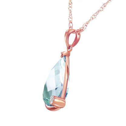 6.54 Carat 14K 24" Solid Rose Gold Necklace with Natural Briolette Checkerboard Cut Blue Topaz and Diamond Pendant