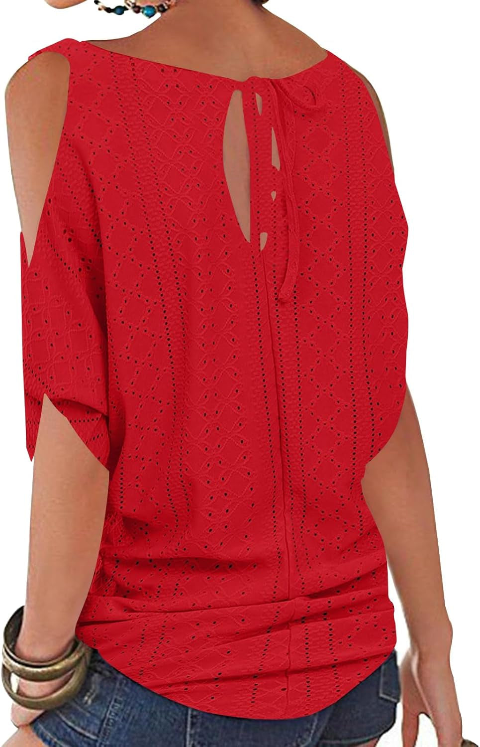 Women Cold Shoulder O-Neck Short Sleeve Loose Fit Summer Shirt Blouse Tops