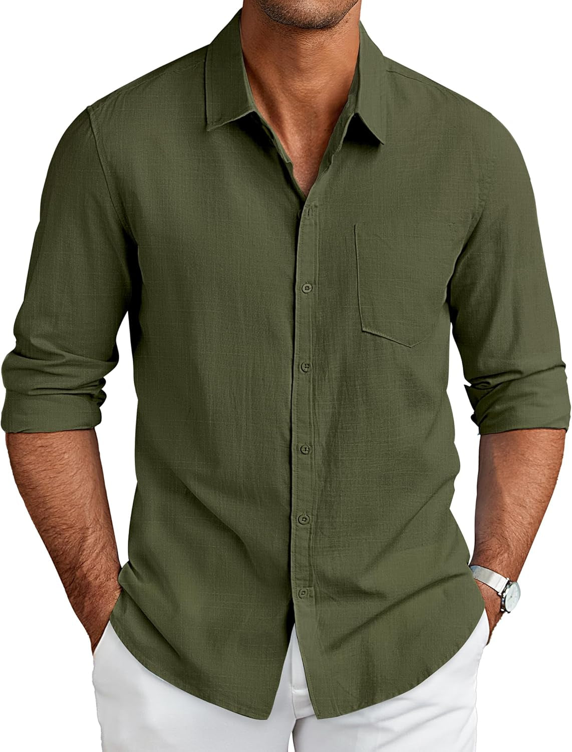 Men'S Long Sleeve Button down Shirts Casual Cotton Linen Shirts Summer Beach Shirt with Pocket