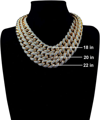 | Iced Lab Diamond Chain Necklace 3 Row Cubic Zirconia - Miami Cuban Link Chain for Men and Women | 18K Yellow Gold and White Gold Plated Choker Necklace