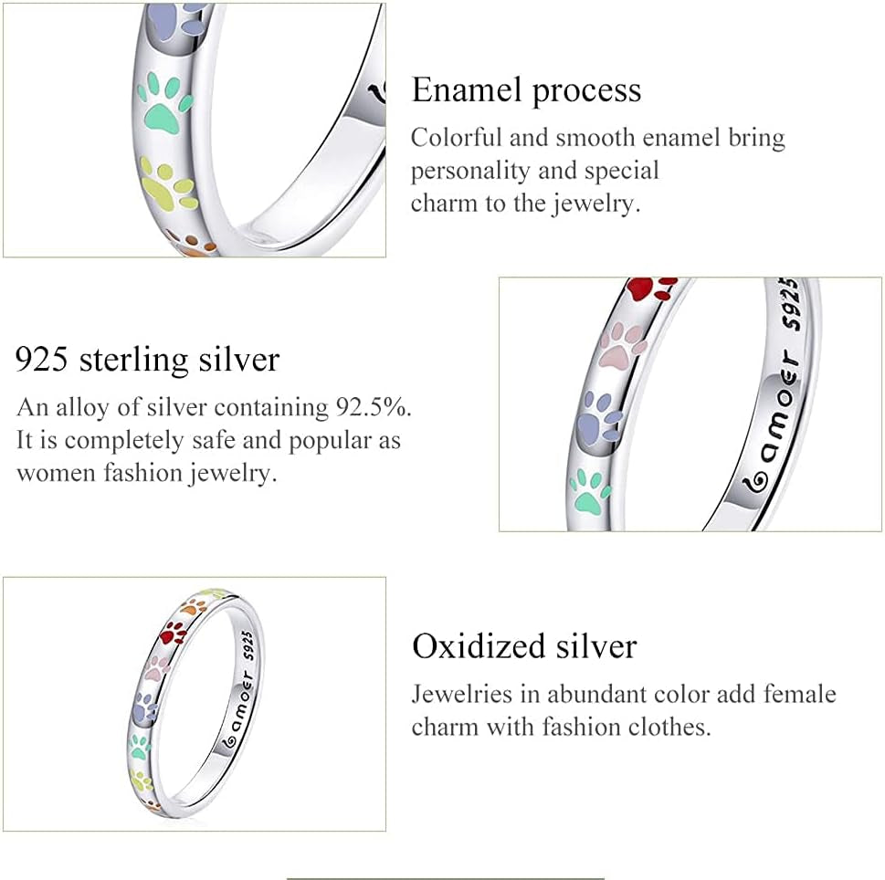 3Mm 3.4Mm Paw Print Ring S925 Sterling Silver Ring Puppy Dog Cat Paw Ring, Multicolor Pet Print Enamel Ring for Women Girls Size 5-10