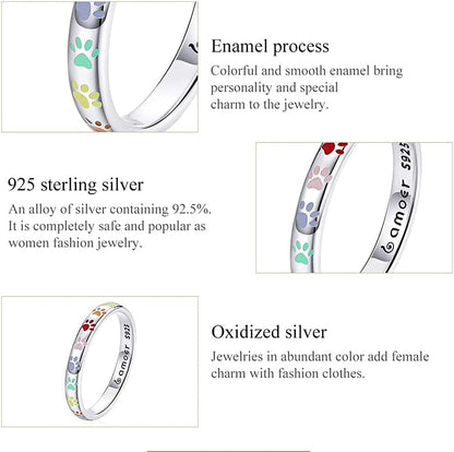 3Mm 3.4Mm Paw Print Ring S925 Sterling Silver Ring Puppy Dog Cat Paw Ring, Multicolor Pet Print Enamel Ring for Women Girls Size 5-10