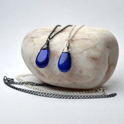 Lapis lazuli necklace, dainty blue drop necklace, - WORLD TIME VISITS