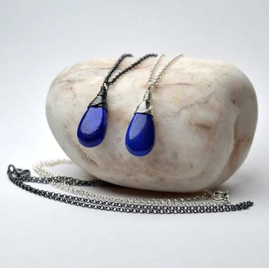Lapis lazuli necklace, dainty blue drop necklace, - WORLD TIME VISITS