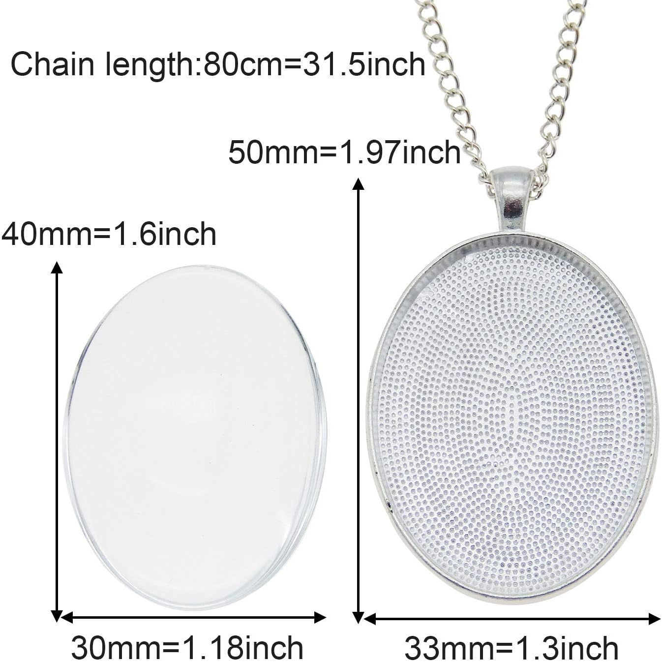 10 Sets Oval Bezel Pendant Kit with Glass Cabochon and Chain for Jewelry Making Necklace Silver 40X30Mm