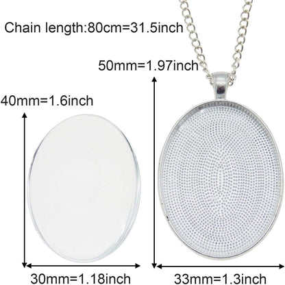 10 Sets Oval Bezel Pendant Kit with Glass Cabochon and Chain for Jewelry Making Necklace Silver 40X30Mm