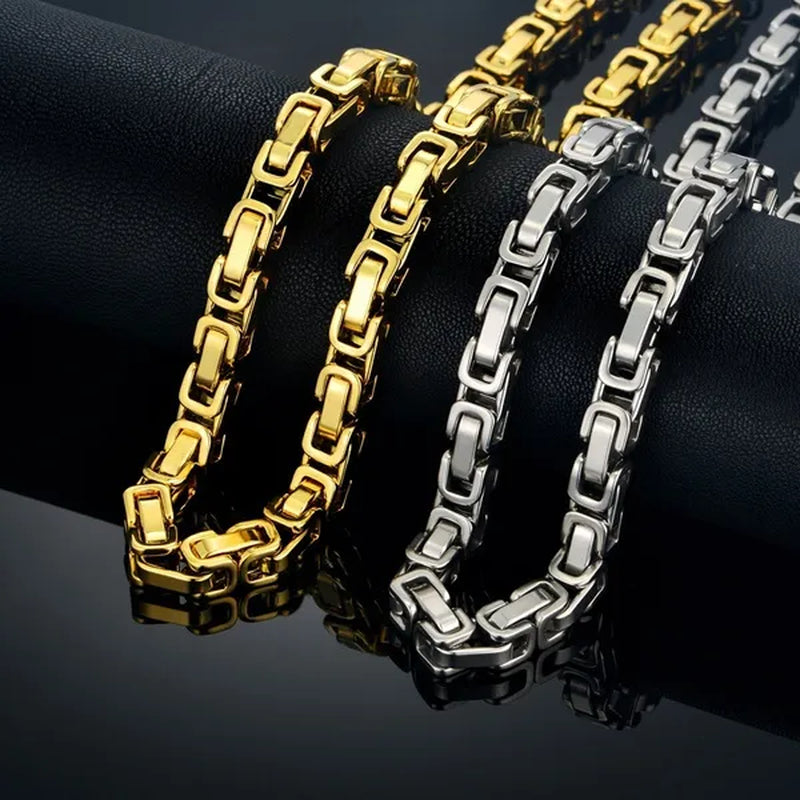 Vintage Silver 18K Gold Plated Chunky Men Titanium Stainless Steel Byzantine Box Necklace Chain XL827
