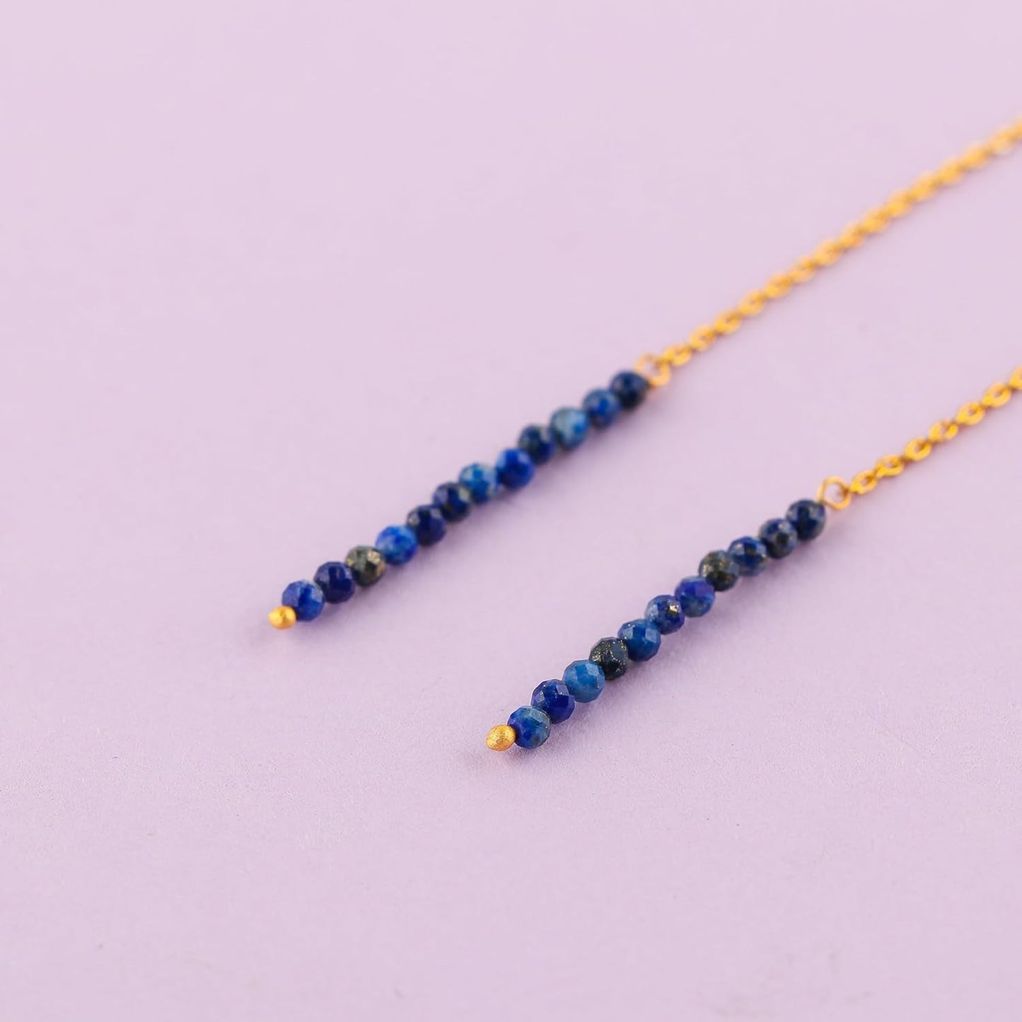 Natural Lapis Lazuli Earrings, Dainty Threader Pair, Gemstone Beads, Birthstone Crystal, Gift for Women, Chakra Energy Healing Jewelry in Gold Plated, Valentine Day Gift (Lapis Lazuli)
