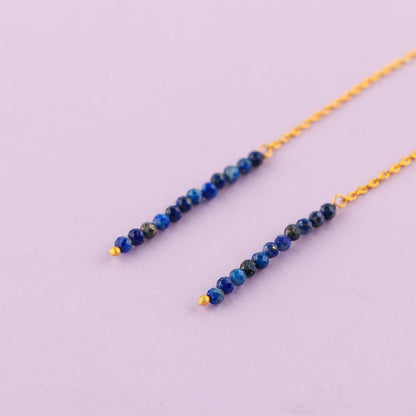 Natural Lapis Lazuli Earrings, Dainty Threader Pair, Gemstone Beads, Birthstone Crystal, Gift for Women, Chakra Energy Healing Jewelry in Gold Plated, Valentine Day Gift (Lapis Lazuli)