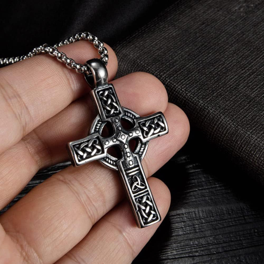Trinity Celtic Cross Necklace - Stainless Steel Triquetra Knot Irish Pendant - Jesus Crucifix Cross
