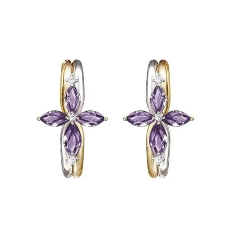 Exquisite 925 Sterling Silver Goldplated Natural Sapphire Amethyst Cross Ring Earrings Necklace Bride Princess Wedding Engagement Birthstone Jewelry Set Ring Size 5-10