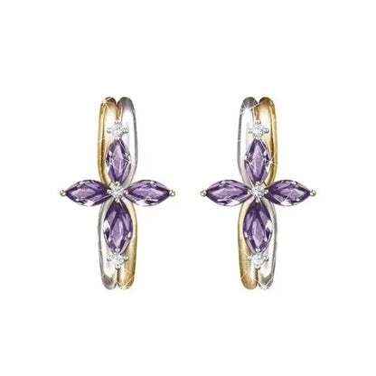 Exquisite 925 Sterling Silver Goldplated Natural Sapphire Amethyst Cross Ring Earrings Necklace Bride Princess Wedding Engagement Birthstone Jewelry Set Ring Size 5-10