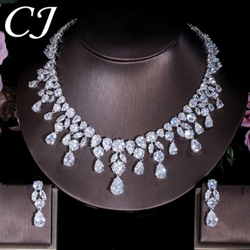 CANDICE Gorgeous Multi Cut CZ Stone Water Drop Tassel Necklace Earrings Set High Quality White Gold Plated Costume Jewelry Sets for Wedding Prom - WORLD TIME VISITS