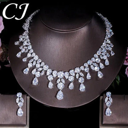 CANDICE Gorgeous Multi Cut CZ Stone Water Drop Tassel Necklace Earrings Set High Quality White Gold Plated Costume Jewelry Sets for Wedding Prom - WORLD TIME VISITS