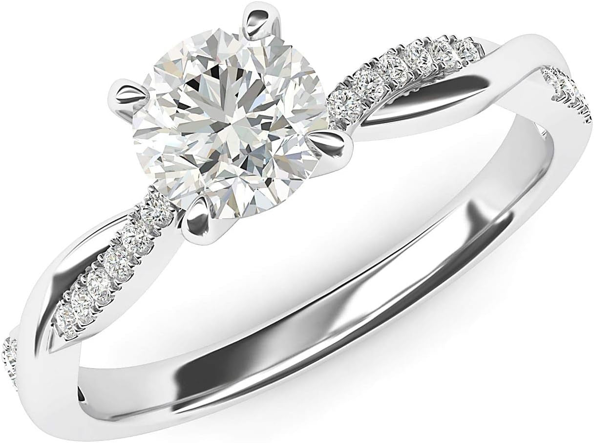 Solid 14K White Gold 4-Prong Petite Twisted Vine Simulated 1.0 CT Diamond Engagement Ring Promise Bridal Ring - WORLD TIME VISITS