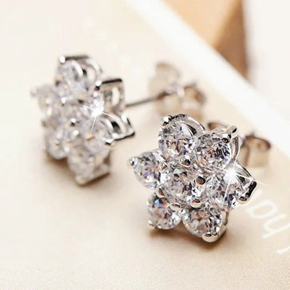 Princess Silver Cute Snowflake CZ Diamond Earrings Stud Earrings for Women