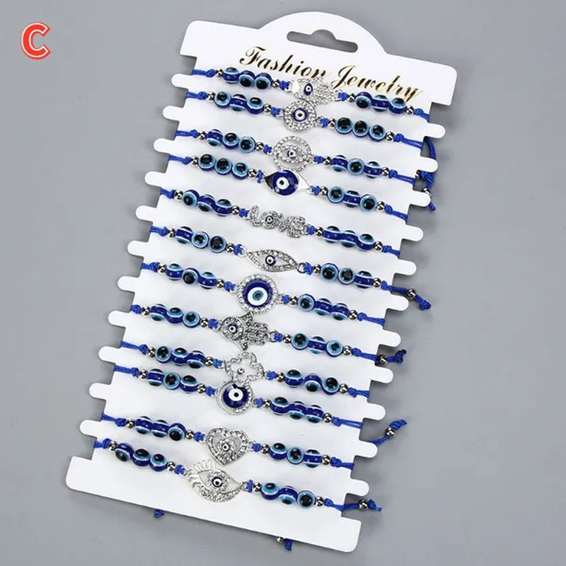 12 Pcs/Set Bohemian Handmade Braided Rope Charm Bracelets Rhinestone Blue Round Beads Evil Eye Bracelet  for Women Men Friendship Jewelry Gifts