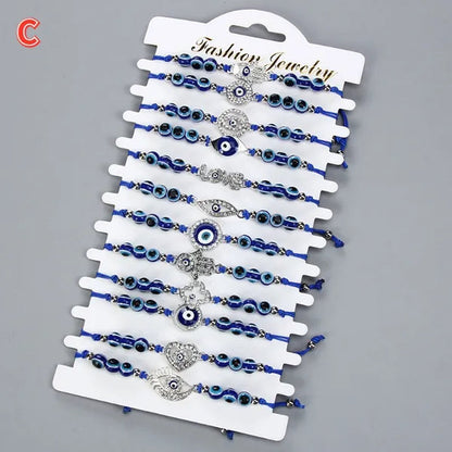 12 Pcs/Set Bohemian Handmade Braided Rope Charm Bracelets Rhinestone Blue Round Beads Evil Eye Bracelet  for Women Men Friendship Jewelry Gifts