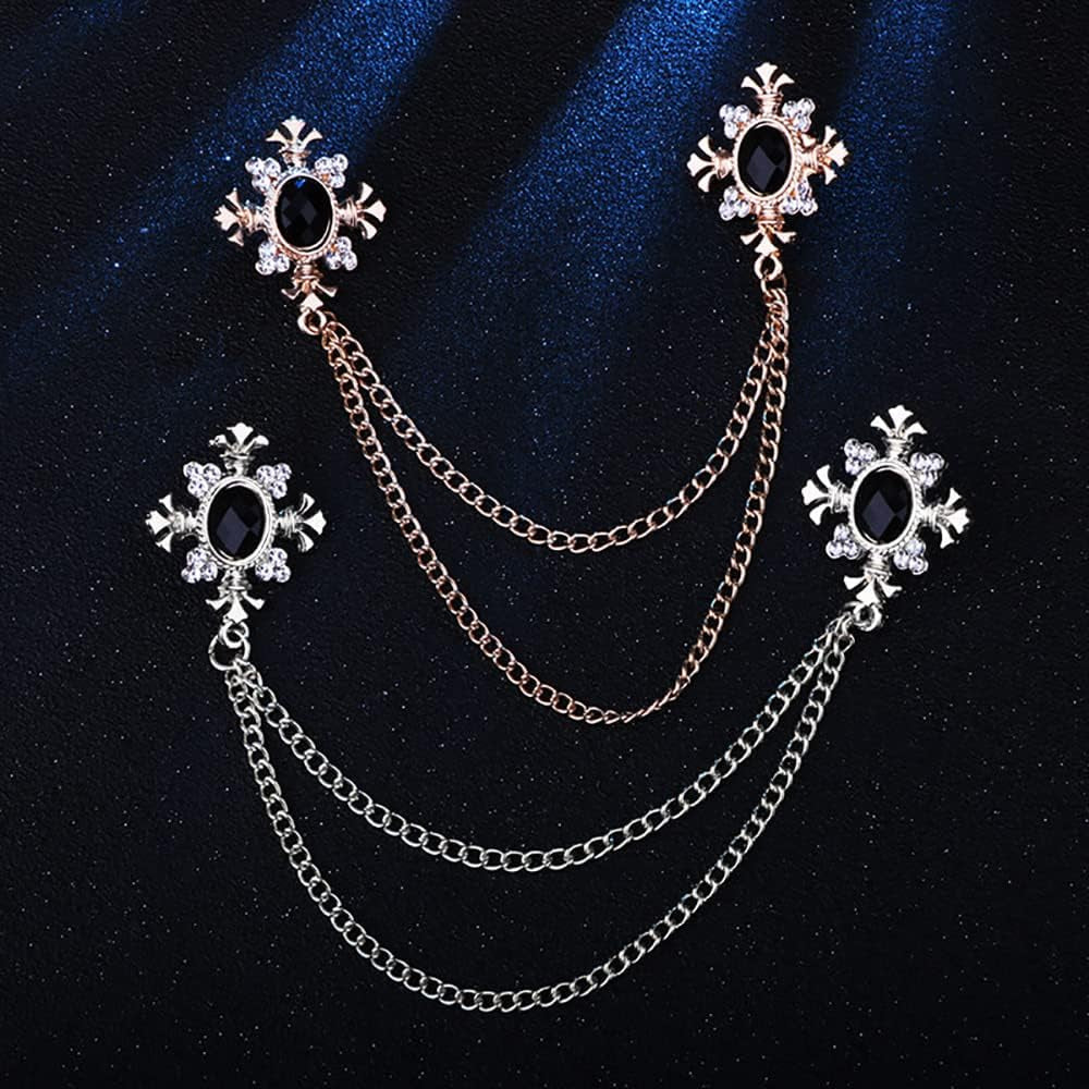 Cross Crystal Tassel Chain Brooch.Gold Silver Tassel Collar Pins Broochs Rhinestone Lapel Pin for Men Women Suit Accessories