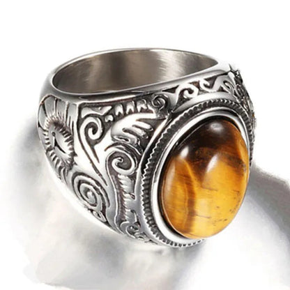 Vintage Men's Gemstone Ring Stainless Steel Single Turquoise Agate Tiger Eye Stone Rings Jewelry Gift for Men Women Boyfriend Girlfriend