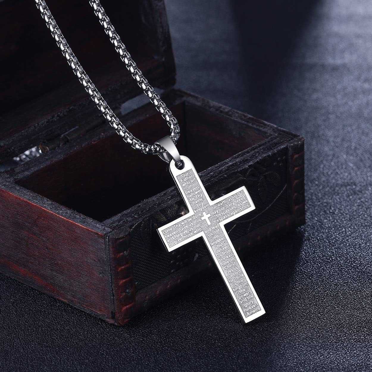 Men'S Nail Lord'S Prayer Cross Pendant Necklace for Men Women Stainless Steel Chain 24"