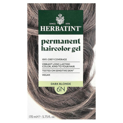 Permanent Haircolor Gel, 6N Dark Blonde, Alcohol Free, Vegan, 100% Grey Coverage - 4.56 Oz