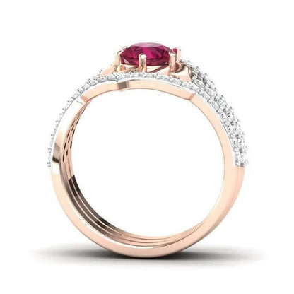 3 Pcs/Set of Exquisite Bridal Wedding Jewelry Rose Petals Inlaid with Red Zircon Ring Gypsophila Zircon Ring Embracing Roses Set Engagement Wedding Ring Birthday Christmas Gift Ring Jewelry Size 5-13