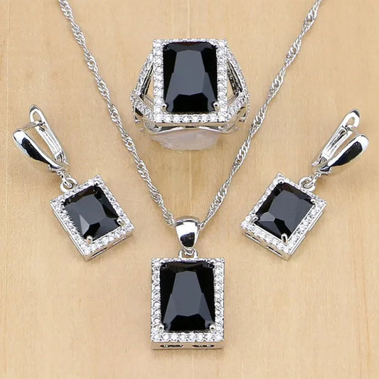 Women 925 Sterling Silver Jewelry Black Sapphire White Birthstones Jewelry Set Wedding Earrings/Pendant/Necklace/Ring