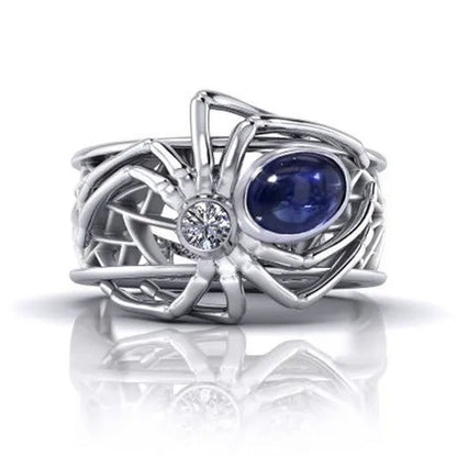 Unique Punk  Silver Creative Spider Spider Ring Punk Style Man Inlay Sapphire Ring Anniversary Statement Natural Gemstones Ring