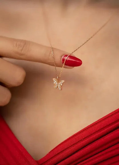 Kadın Kelebek Model Rose Kaplama Zirkon Taşlı Gümüş Kolye