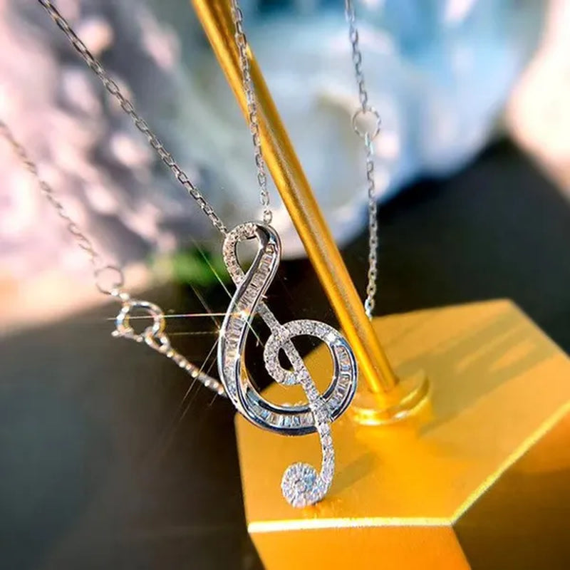 Fashion Jewelry  35 Points Note Music Notation 925 Sterling Silver Diamond Pendant Necklace