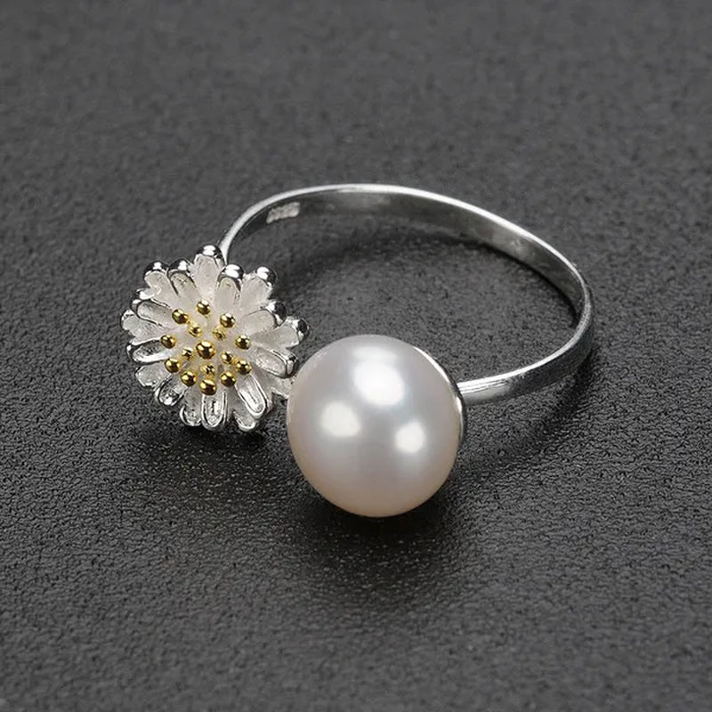 Flower Real 925 Sterling Silver with 8-9MM White Freshwater Pearl Rings for Women Fashion Jewelry Gifts