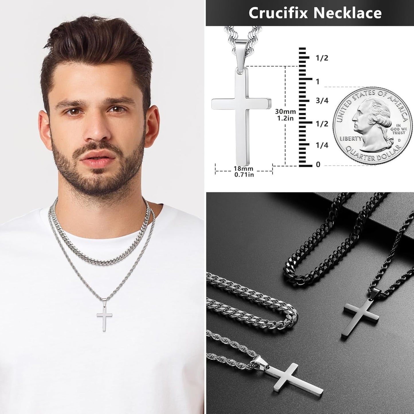 4Pcs Cross Necklace for Men,Stainless Steel Chains for Men Layered Necklaces Silver Gold Black Pendant Jewelry Box Gifts 18-24 Inches