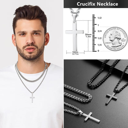 4Pcs Cross Necklace for Men,Stainless Steel Chains for Men Layered Necklaces Silver Gold Black Pendant Jewelry Box Gifts 18-24 Inches