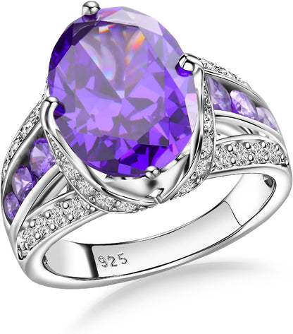 Emerald/Sapphire/Ruby/Tourmaline Rings for Women, 925 Sterling Silver Gemstone Engagement Anniversary Ring Big 6.5-8.5 Carat Birthstone Ring, Size 6 to 10 (Send Gift Box)