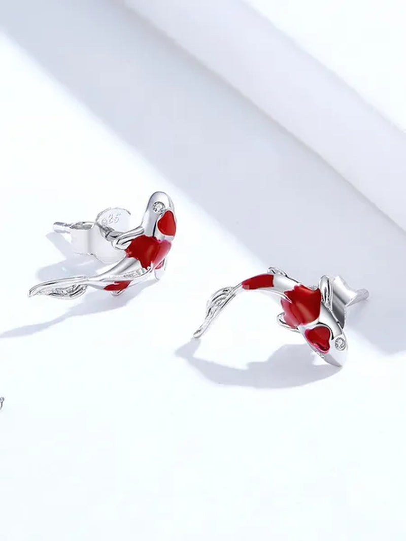 2020 Lucky Koi 925 Sterling Silver Red Enamel White Gold Plated Earrings for Women's Valentine Fashion Jewelry Gift