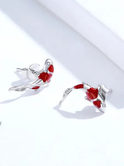 2020 Lucky Koi 925 Sterling Silver Red Enamel White Gold Plated Earrings for Women's Valentine Fashion Jewelry Gift