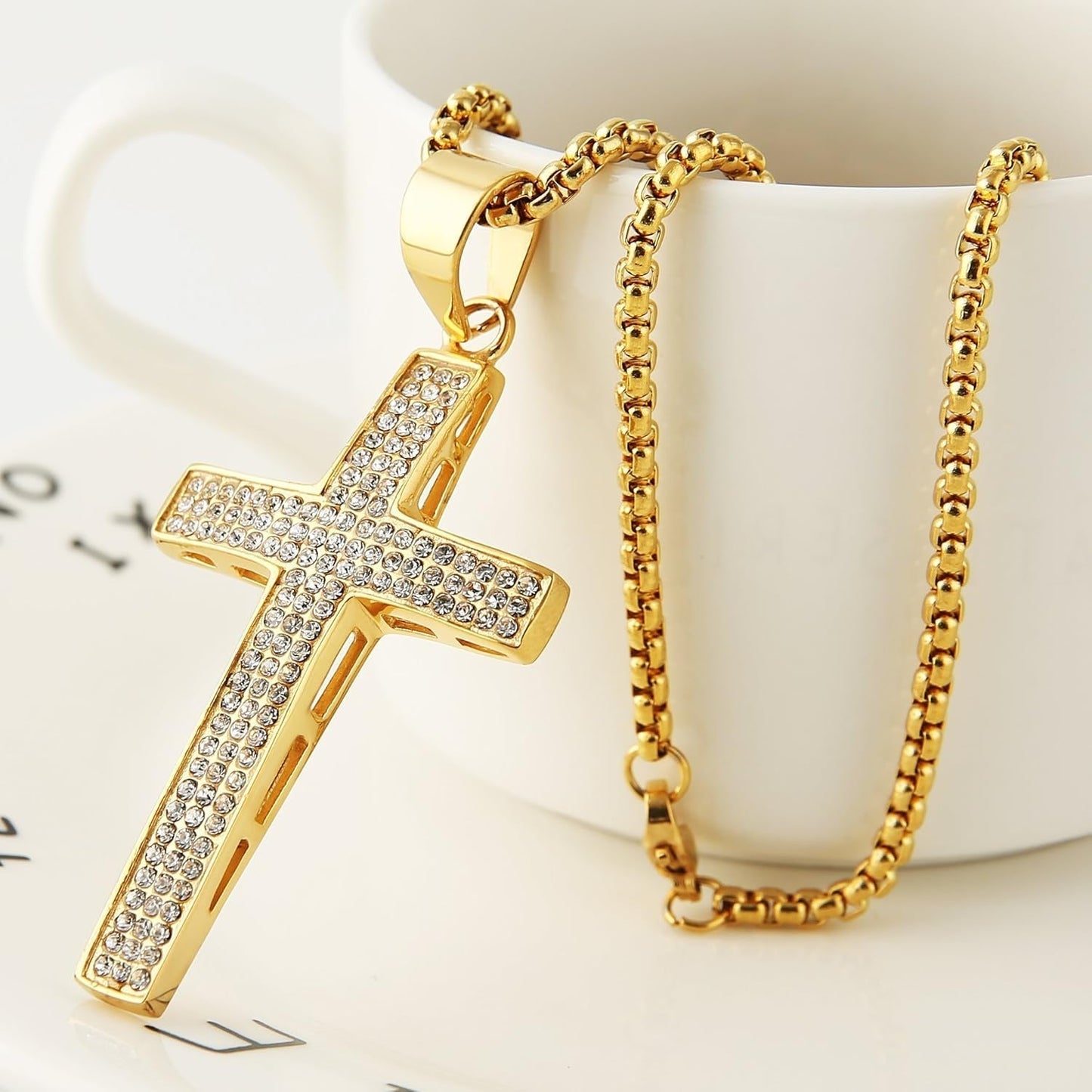 Mens Iced Out Cross Cz Inlay Pendant 18K Gold Plated Stainless Steel Hip-Hop Necklace 24"