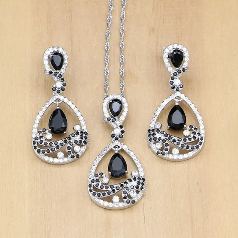 925 Silver Jewelry Sets Black Sapphire White Topaz Decoration for Women Party Earrings/Pendant Necklace Set