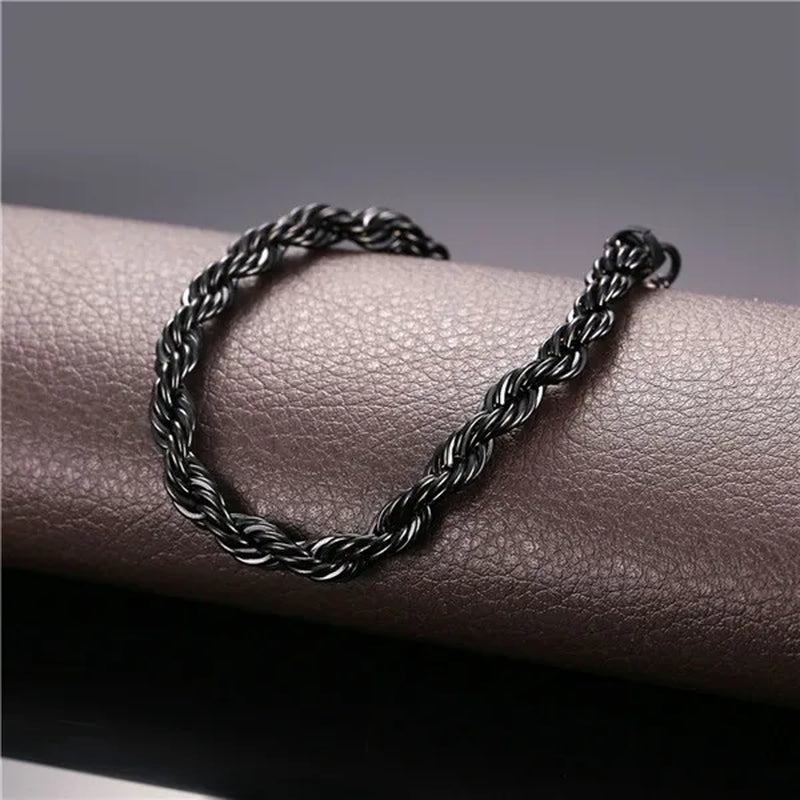 Cool Men Rope Chain Bracelet 6MM 8.3 Inches - 3 Colors Black, Silver, Gold