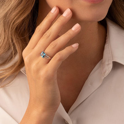 14K White Gold London Blue Topaz and Diamond Ring for Women, 3 Carats Princess Cut 8Mm, Elegant Cathedral Design, Natural Gemstone, Size 7, December Birthstone Ring,