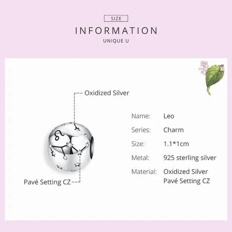 European Hot 12 Constellation Zodiac round 925 Sterling Silver Beads Charm for Women Bracelet Shining CZ Charm Fit Original Bangle Necklace DIY Jewelry Making