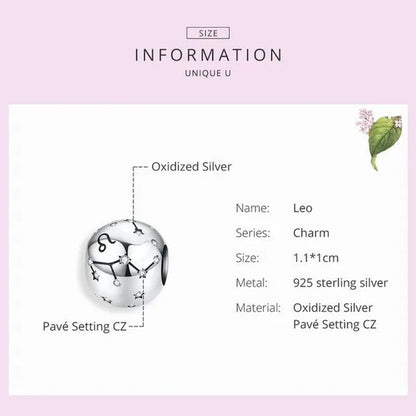 European Hot 12 Constellation Zodiac round 925 Sterling Silver Beads Charm for Women Bracelet Shining CZ Charm Fit Original Bangle Necklace DIY Jewelry Making