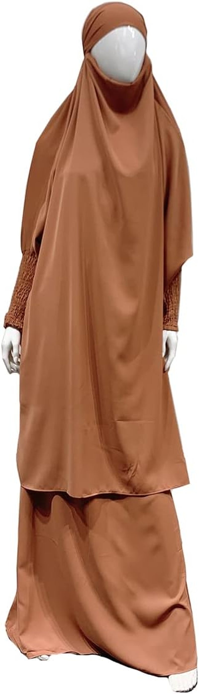 Women Muslim 2 Set Solid Color plus Long Sleeve Thobe One-Size Longuette Overall Abaya Thobe with Hoodied Hijab