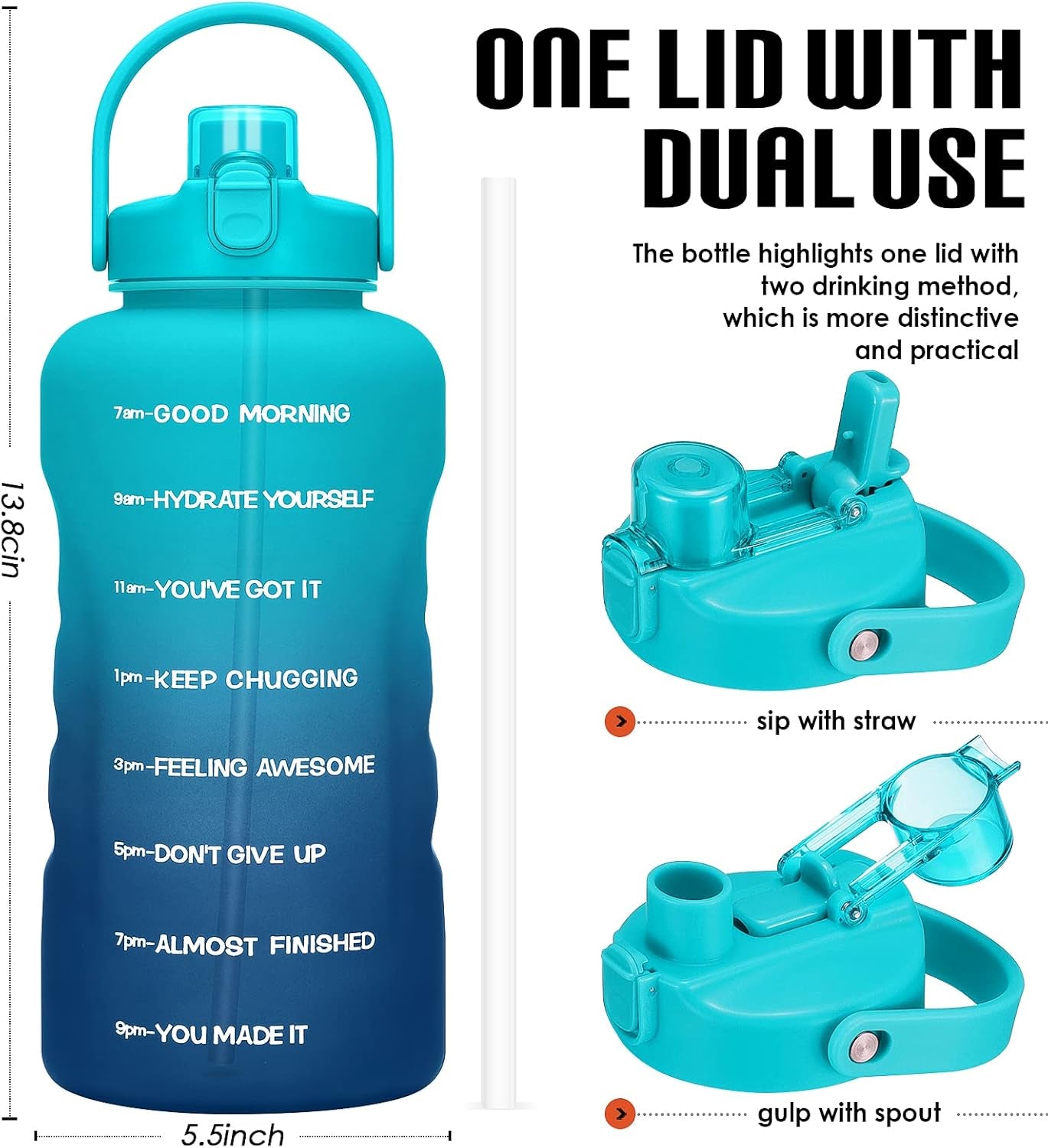 1 Gallon Water Bottles with Straw, 128 Oz / 3.8L Water Bottle BPA Free Innovative 2-IN-1 Lid Gym Bottle with Times to Drink Motivational, Large for Sports Fitness Camping Water Jug One Gallon