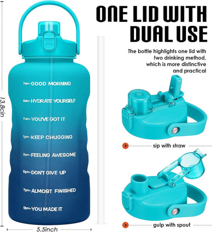 1 Gallon Water Bottles with Straw, 128 Oz / 3.8L Water Bottle BPA Free Innovative 2-IN-1 Lid Gym Bottle with Times to Drink Motivational, Large for Sports Fitness Camping Water Jug One Gallon